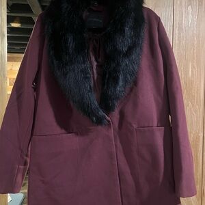 Covington Women's Wine Pea Coat with Black Faux Fur Collar
